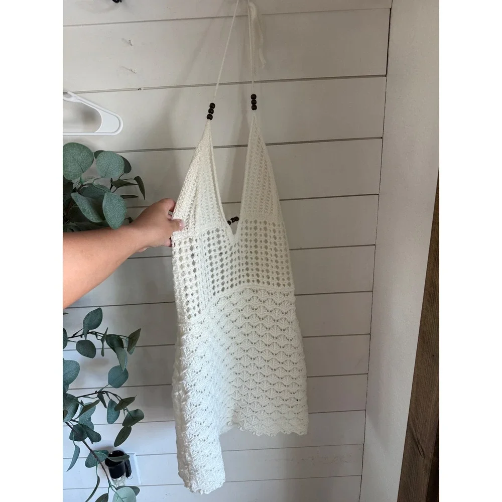 SHEIN Crochet Halter Neck Cover Up White Boho Beach Dress Size L - Picture 1 of 4